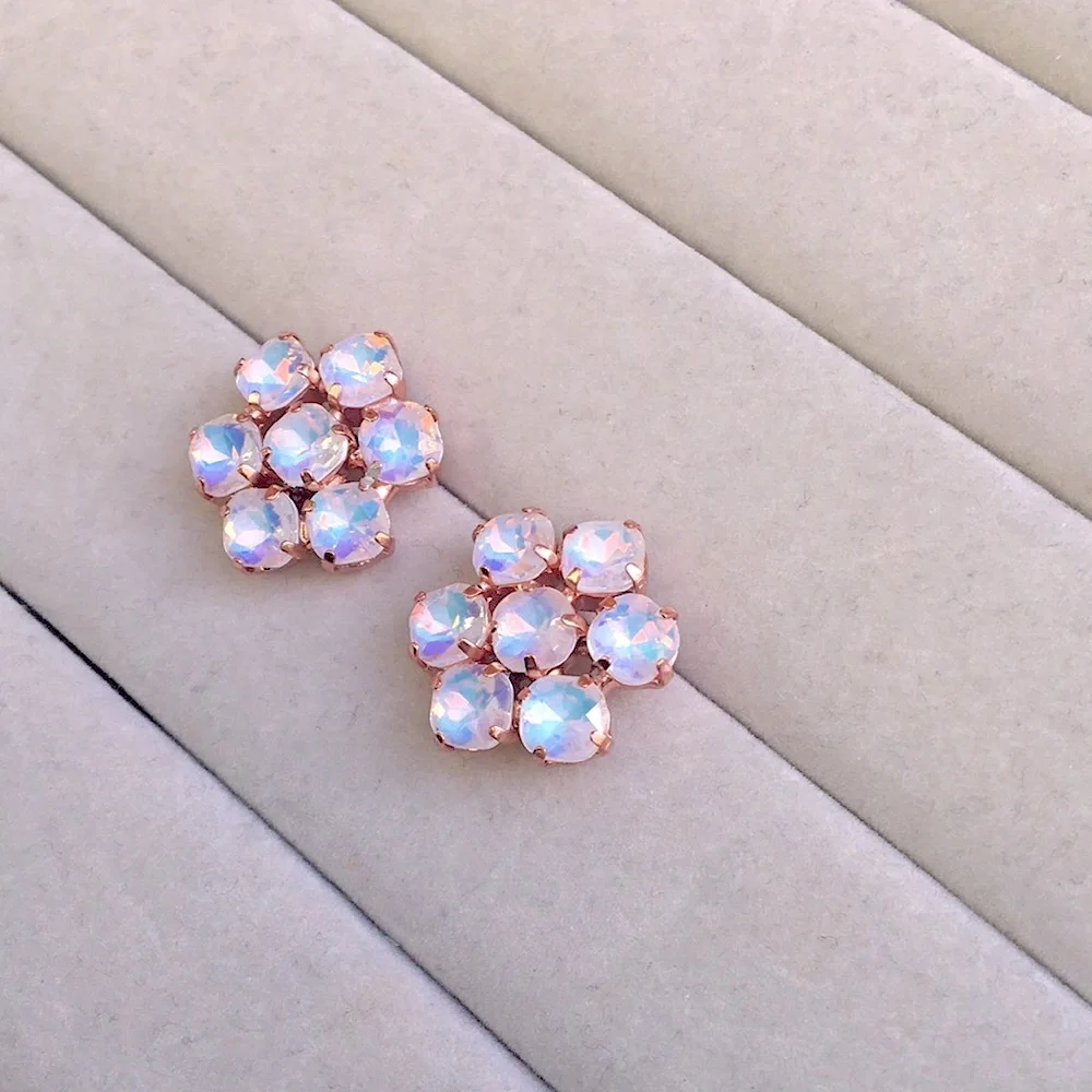 White Opal Aurora Borealis + Rose Gold Crystal Flower Earrings